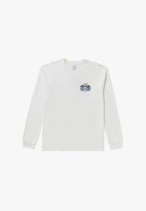 T-shirt à manches longues en coton blanc avec un design graphique bleu de montagnes et de palmiers sur la poitrine gauche. Texture douce, coupe régulière.