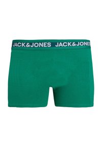 Green boxer shorts made of cotton with a navy-blue elastic waistband featuring white “JACK & JONES” text. Smooth texture and fitted design.