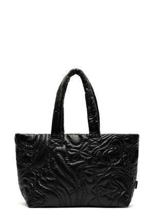 Zwarte gewatteerde tas met dubbele handvatten, voorzien van een textuurontwerp van abstracte vormen en patronen op het oppervlak.