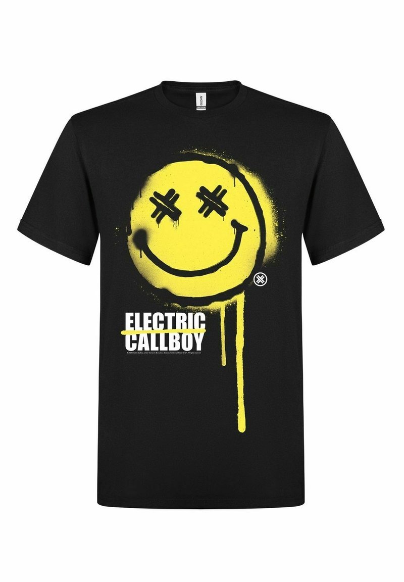 Svart bomull T-shirt med en stor gul smiley ansikte grafik och svarta droppar. "ELECTRIC CALLBOY" text i fet vit under grafiken.