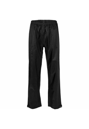 Schwarze wasserdichte Hose mit elastischem Bund und verstellbaren Fußabschlüssen, konzipiert für Schutz vor Regen im Freien.