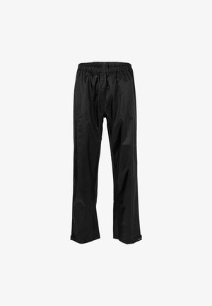 Schwarze wasserdichte Hose mit elastischem Bund und verstellbaren Fußabschlüssen, konzipiert für Schutz vor Regen im Freien.