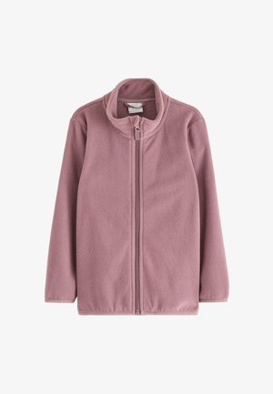 Fleecejacke in sanftem Pink mit hohem Kragen und durchgehendem Reißverschluss. Sanfte Textur mit einem lässigen Design und ohne sichtbare Muster.