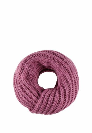 Circular mauve knitted scarf with thick ribbed texture, arranged in a loop on a white background.