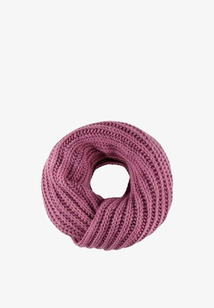 Circular mauve knitted scarf with thick ribbed texture, arranged in a loop on a white background.