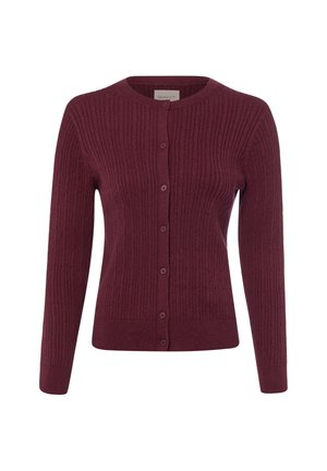 Dames ribgebreide cardigan met knopen in donker bordeaux, met lange mouwen en ronde hals.