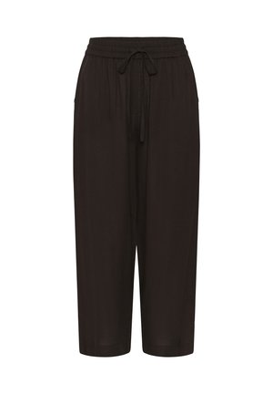 Črne široke hlače z elastičnim pasom in vrvico za zavezovanje, ravnimi hlačnicami in stranskimi žepi.