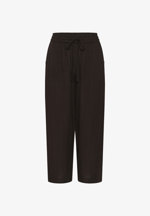 Juodos laisvo kirpimo kelnės su elastine juosmens juosta ir raišteliais, tiesios kojų dalys ir šoninės kišenės.