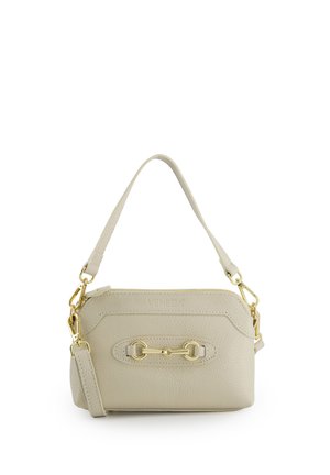 Sac à main en cuir beige avec détail mors doré, double bandoulière amovible et logo "Venezia" embossé sur le devant.