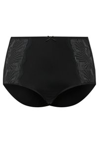 Hoge taille zwarte panties met kantaccenten aan de zijkanten, voorzien van een delicate strikdetail aan de voorkant en een gladde textuur.