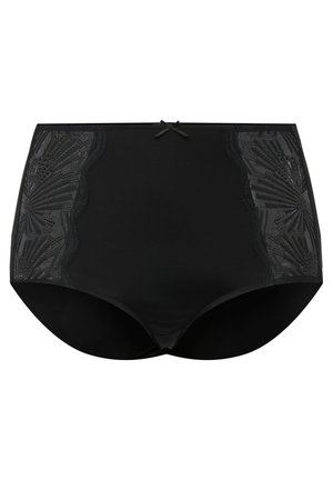 High-waisted black panties with lace accents on the sides, featuring a delicate bow detail at the front and a smooth texture.