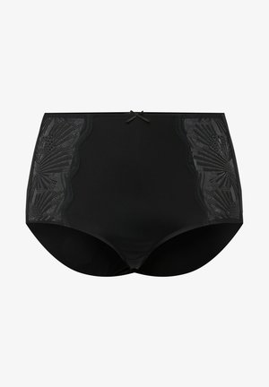High-waisted black panties with lace accents on the sides, featuring a delicate bow detail at the front and a smooth texture.