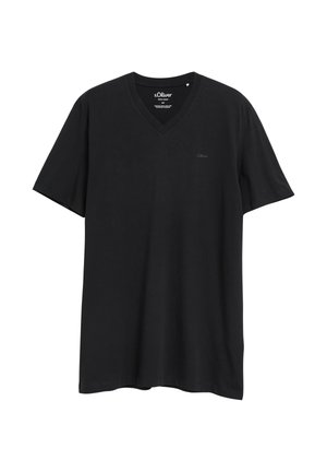 Czarny bawełniany T-shirt z krótkim rękawem i dekoltem w serek z małym haftowanym logo na lewej piersi, rozmiar XXL, marka s.Oliver.