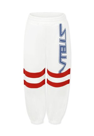 Pantaloni sportivi bianchi con una vestibilità rilassata, caratterizzati da accenti a strisce rosse e bianche e un logo blu sul lato. Vita e polsini elasticizzati.