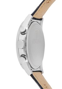 Orologio in acciaio inossidabile argentato con cassa liscia, tre pulsanti e cinturino in pelle marrone con parte interna testurizzata.