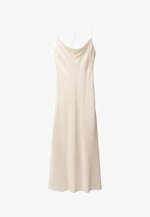 Vestito lungo in satin color crema, presenta spalline sottili, scollatura a cappuccio e una vestibilità morbida che arriva a metà polpaccio, tessuto lisci con una leggera lucentezza.