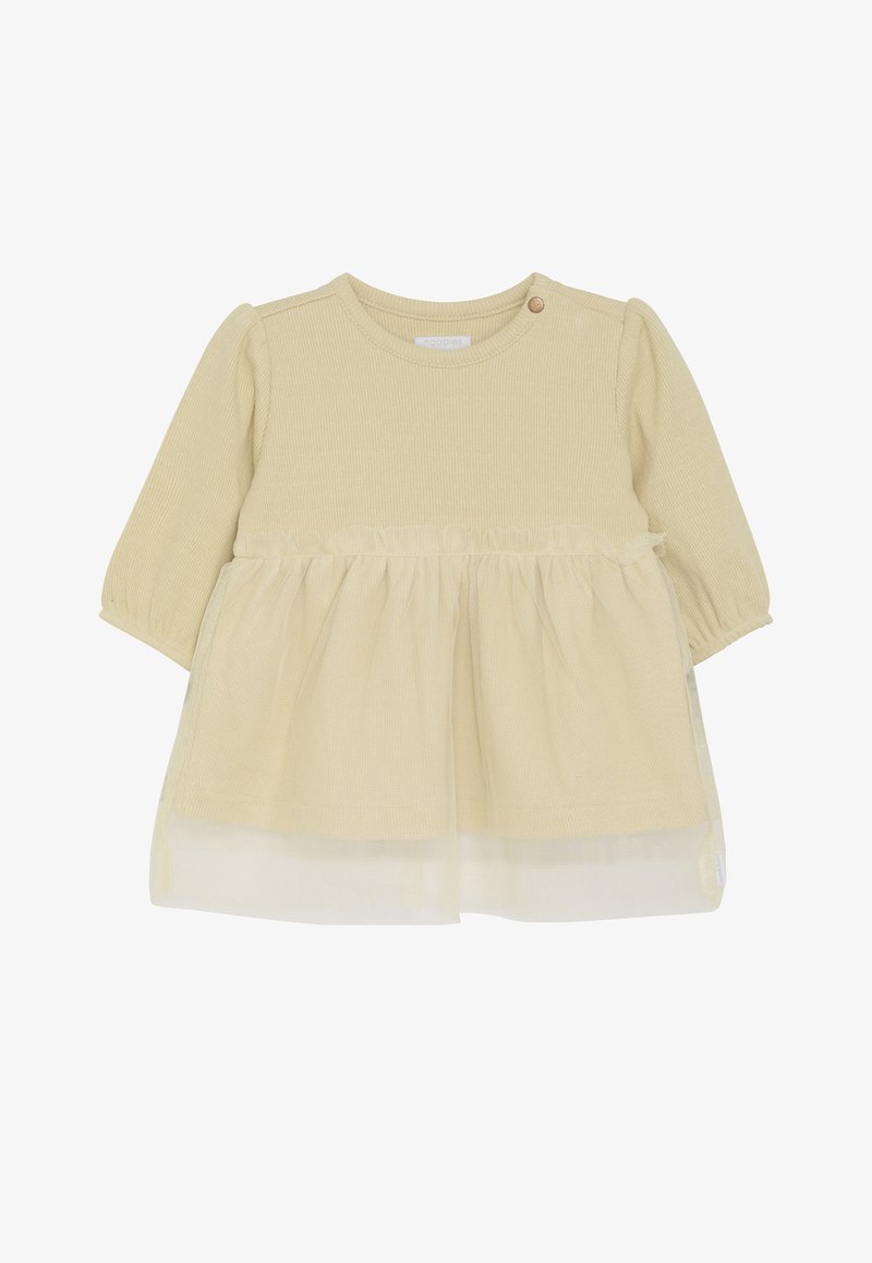 Jasnożółta sukienka z prążkowanej tkaniny z długimi rękawami; posiada tiulową halkę oraz guzik na ramieniu, co ułatwia zakładanie.
