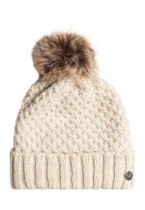 Knit cream-colored beanie with a textured pattern and a brown faux fur pom-pom on top. Features a ribbed, cuffed edge.