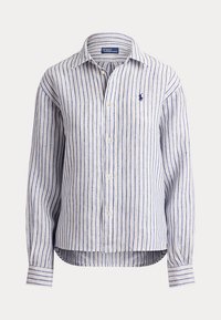 Long-sleeve button-up shirt with blue and white vertical stripes and a small embroidered logo on the left chest.