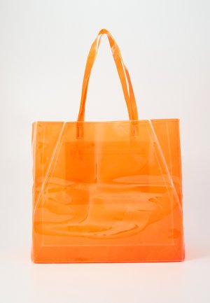 Translucent orange tote bag with two handle straps, featuring a rectangular shape and stitched seams, showcasing a glossy finish.