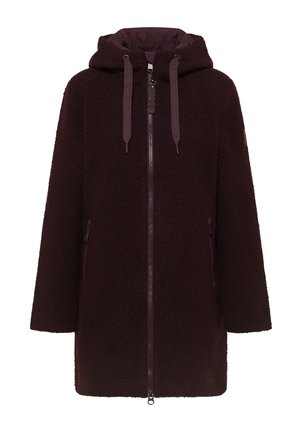 Cappotto in pile viola scuro con cappuccio, zip frontale, cordini di regolazione e tasche laterali con zip, progettato per il calore e l'abbigliamento informale.