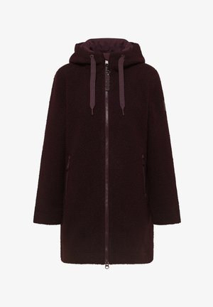 Manteau en polaire violet foncé avec capuche, fermeture éclair à l'avant, cordons de serrage et poches latérales zippées, conçu pour la chaleur et le port décontracté.