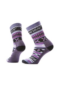 Calcetines morados con patrones variados de rayas, cuadros y diseños florales. Hechos de un material suave con acentos en negro y detalles contrastantes en el talón.