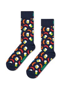 Granatowe skarpetki z wzorem piwna kufelki, kiełbaski i kolorowe akcenty. Wykonane z miękkiego materiału z prążkowanymi mankietami i etykietą "HAPPY".