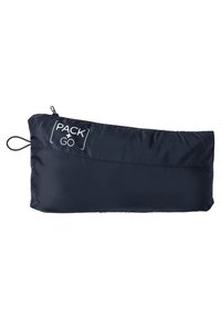 Marinblå nylonpåse med en slät textur, dragkedja och dragsko. Har en vit "PACK + GO"-logotyp på framsidan.
