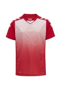 Rotes Kurzarm-Fußballtrikot mit einem Farbverlauf von leuchtendem Rot zu hellrosa, einem V-Ausschnitt sowie weißen Hummel-Logos und Chevron-Akzenten.