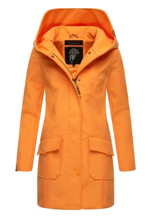Imperméable orange pour femmes avec capuche, fermeture éclair à l'avant et boutons-pression, deux grandes poches avant à rabat, et étiquette intérieure visible avec logo parapluie.