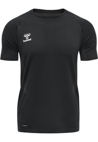 Sort kortærmet performance T-shirt lavet af åndbart stof, med rund hals, teksturerede mesh-detaljer og et logo på brystet.