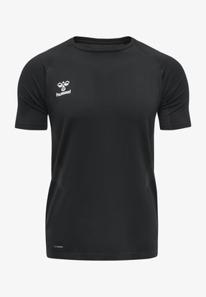 Sort kortærmet performance T-shirt lavet af åndbart stof, med rund hals, teksturerede mesh-detaljer og et logo på brystet.