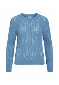 Light blue knitted sweater features a textured leaf pattern with ribbed cuffs and hem. Round neckline with a relaxed fit.