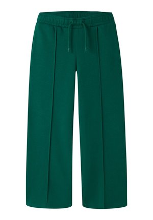 Donkergroene wijde broek met elastische tailleband en trekkoord, met details aan de voornaad.