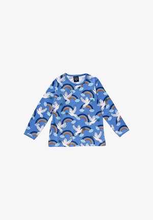 Dlouhý rukáv košile vyrobená z měkké modré látky s opakujícím se vzorem bílých holubic, duh a mraků. Design s kulatým výstřihem.