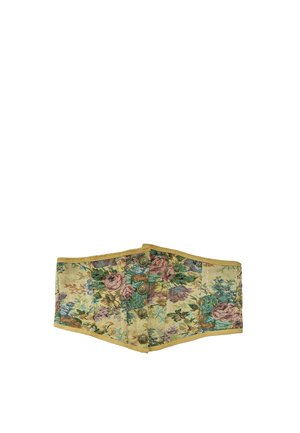 Corsagen-Gürtel aus Stoff mit Blumenmuster in Grün, Pink und Lila, goldener Einfassung und vier dekorativen Messingknöpfen in der Mitte.
