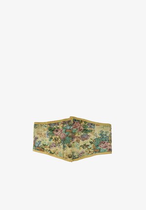 Corsagen-Gürtel aus Stoff mit Blumenmuster in Grün, Pink und Lila, goldener Einfassung und vier dekorativen Messingknöpfen in der Mitte.