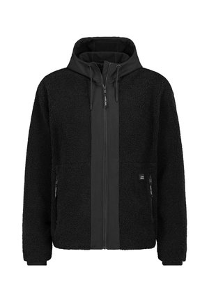Schwarze Fleecejacke mit Kapuze, Frontreißverschluss und zwei seitlichen Reißverschlusstaschen, dargestellt auf weißem Hintergrund.