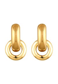 Boucles d'oreilles dorées au ton précieux, présentant une forme ovale allongée et brillante reliée à un anneau circulaire, avec une finition polie et une texture lisse.