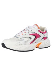 White athletic shoe with pink mesh accents, silver detailing, a black rubber sole, and an orange heel section. Features lace-up design.