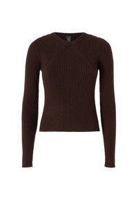 Maglione marrone a costine a maniche lunghe con silhouette aderente, caratterizzato da un collo a giro e un design incrociato sulle spalle.