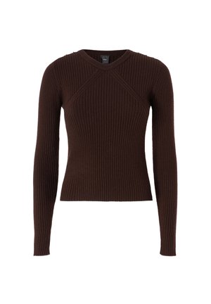 Maglione marrone a costine a maniche lunghe con silhouette aderente, caratterizzato da un collo a giro e un design incrociato sulle spalle.