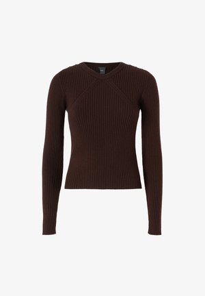 Smeđi rebrasti džemper s dugim rukavima, prilagođenog kroja, s okruglim izrezom i prekriženim dizajnom na ramenima.