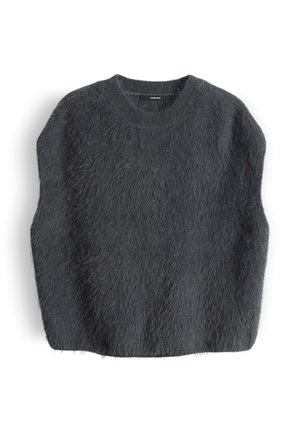 Maglione peloso grigio scuro con collo rotondo, forma oversize e una finitura morbida e texturizzata. Nessuna cucitura o decorazione visibile.