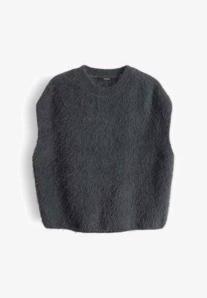 Maglione peloso grigio scuro con collo rotondo, forma oversize e una finitura morbida e texturizzata. Nessuna cucitura o decorazione visibile.