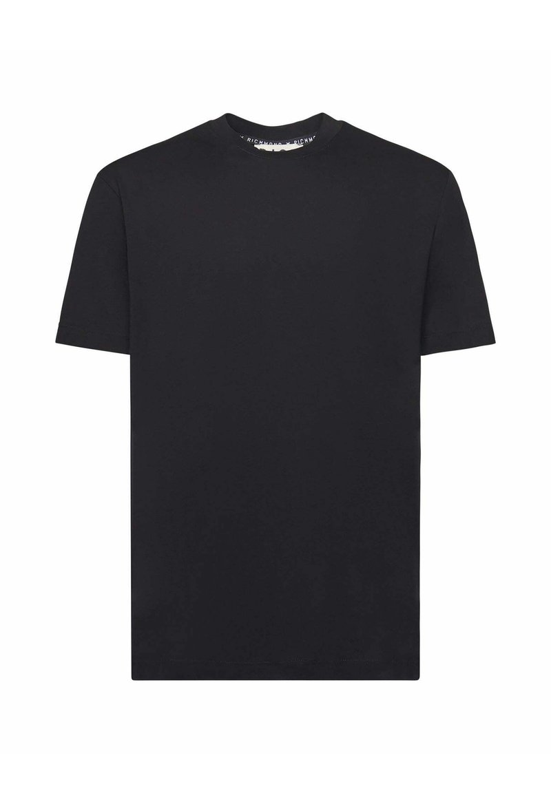 T-shirt nera a maniche corte in morbido cotone. Presenta un collo a giro e una forma dritta senza motivi o dettagli visibili.