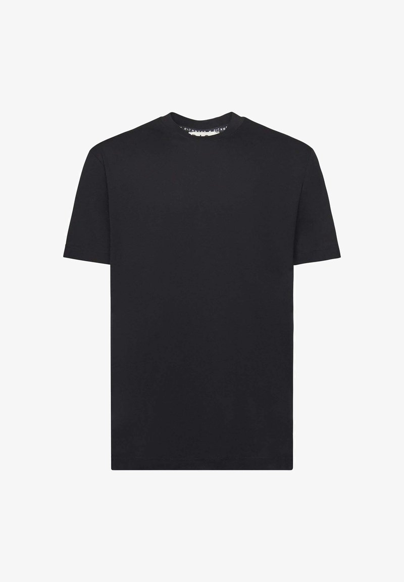 T-shirt nera a maniche corte in morbido cotone. Presenta un collo a giro e una forma dritta senza motivi o dettagli visibili.