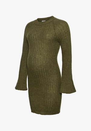 Graviditetskjole i mørkegrøn ribstrik. Har en rund halsudskæring, lange ærmer med flagrende manchetter og en tætsiddende silhuet for komfort.