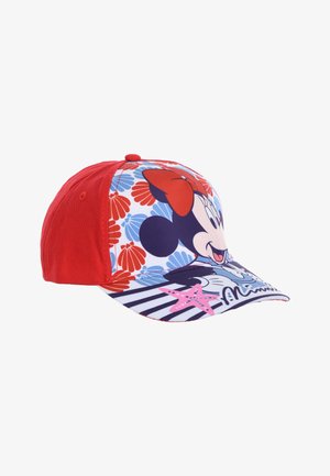 Gorra de béisbol roja con un diseño floral que presenta una impresión de personaje, ala curvada y un interior de franjas en contraste.